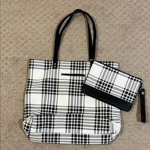 31 Jewel- Plaid Tote and Clutch Set - Black and White